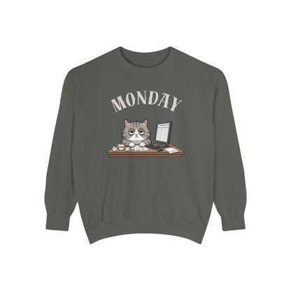 Monday Face Cat Stares Blankly Unisex Crewneck Sweatshirt with a grumpy cat design and MONDAY text