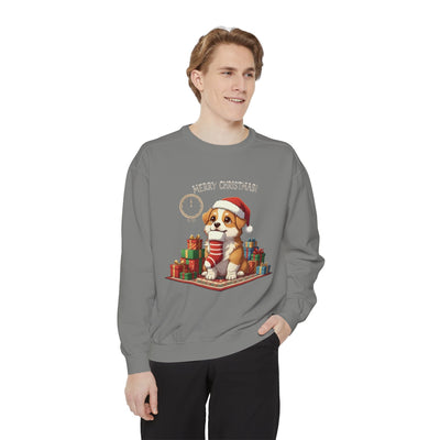 Cute Puppy waiting for Christmas presents style 1 Cozy Graphic Unisex Crewneck Sweatshirt