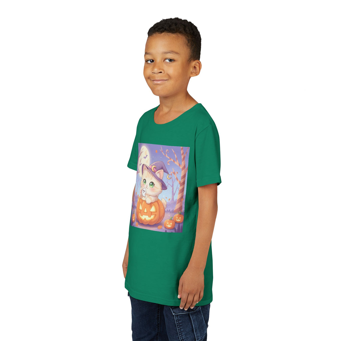 Halloween cute kitten anime style 1 Unisex Youth Tee | T-Shirt, Cute Pumpkin Shirt, Kids Halloween Outfit, Cat Lover Gift, Fun Fall Apparel