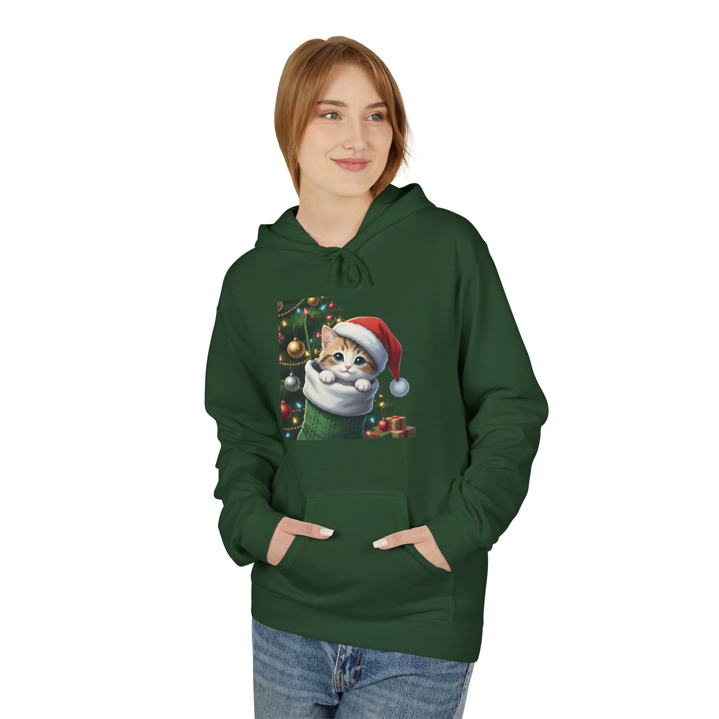 Adorable kitten hiding in Christmas stocking style 2 Cozy Graphic Unisex Midweight Softstyle Fleece Hoodie
