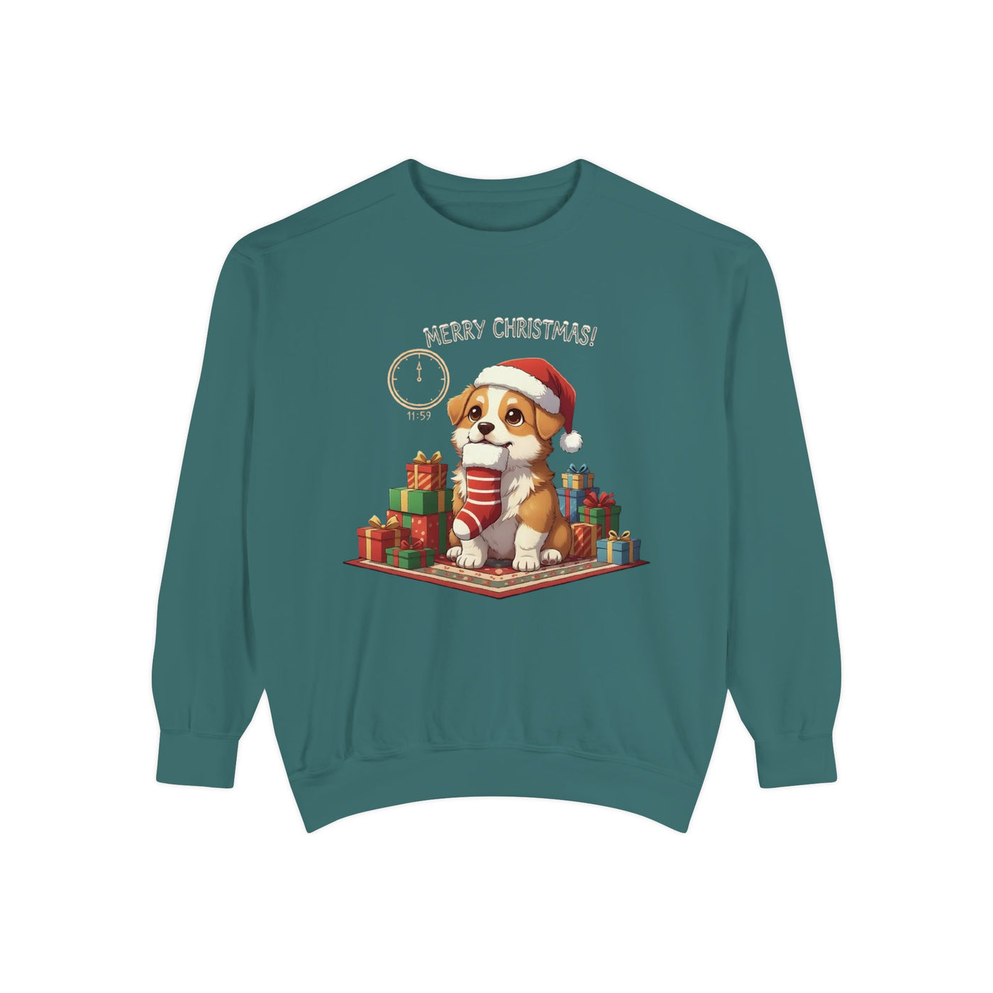 Cute Puppy waiting for Christmas presents style 1 Cozy Graphic Unisex Crewneck Sweatshirt