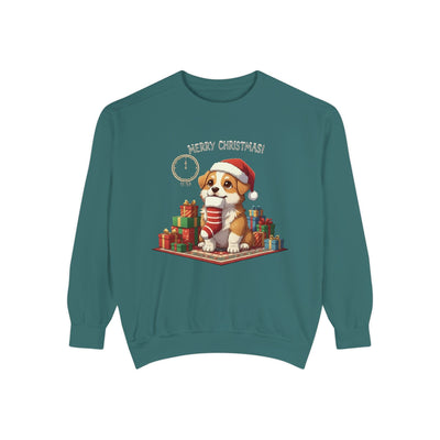 Cute Puppy waiting for Christmas presents style 1 Cozy Graphic Unisex Crewneck Sweatshirt