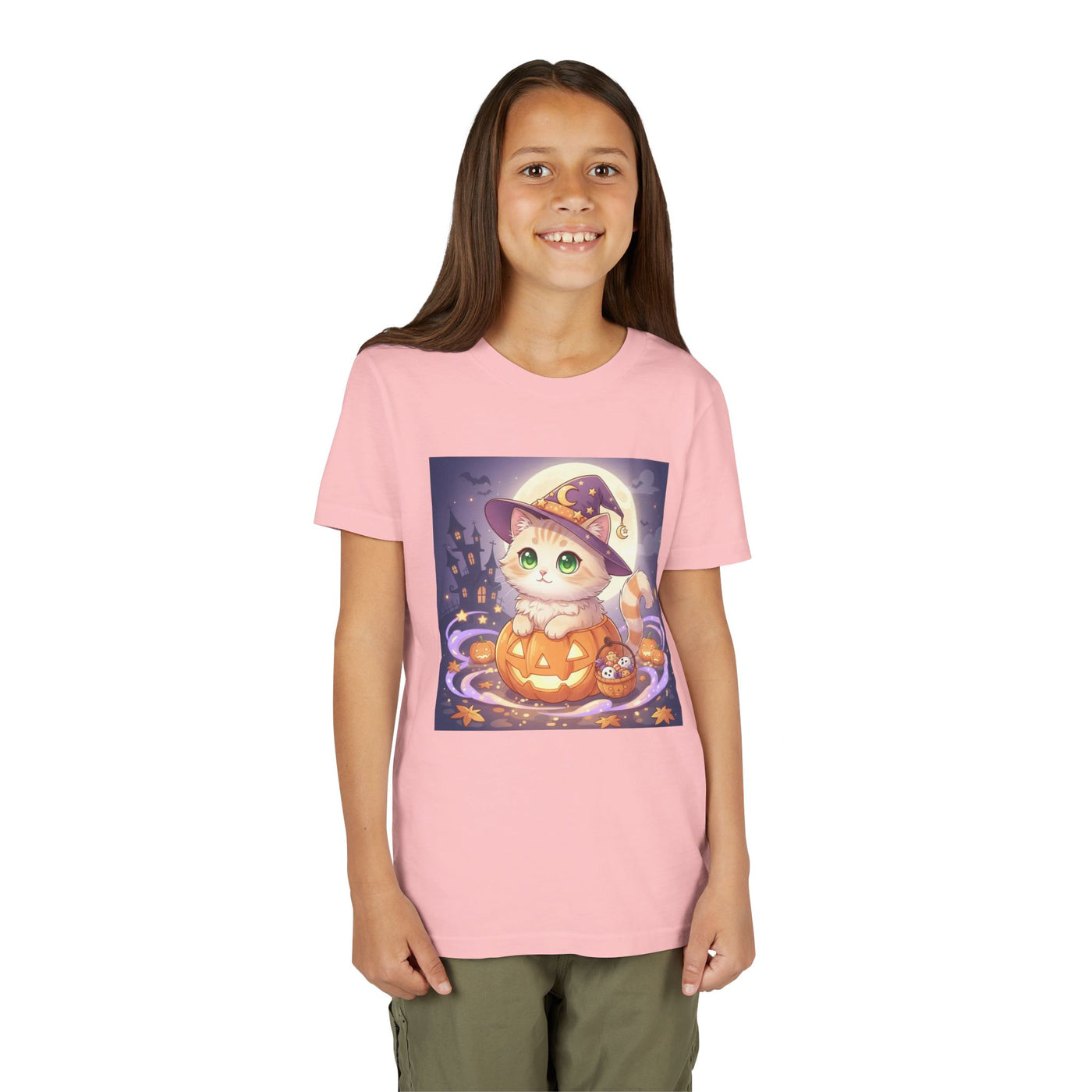 Halloween cute kitten anime style 4 Unisex Youth Tee | T-Shirt, Cute Pumpkin Shirt, Kids Halloween Outfit, Cat Lover Gift, Fun Fall Apparel