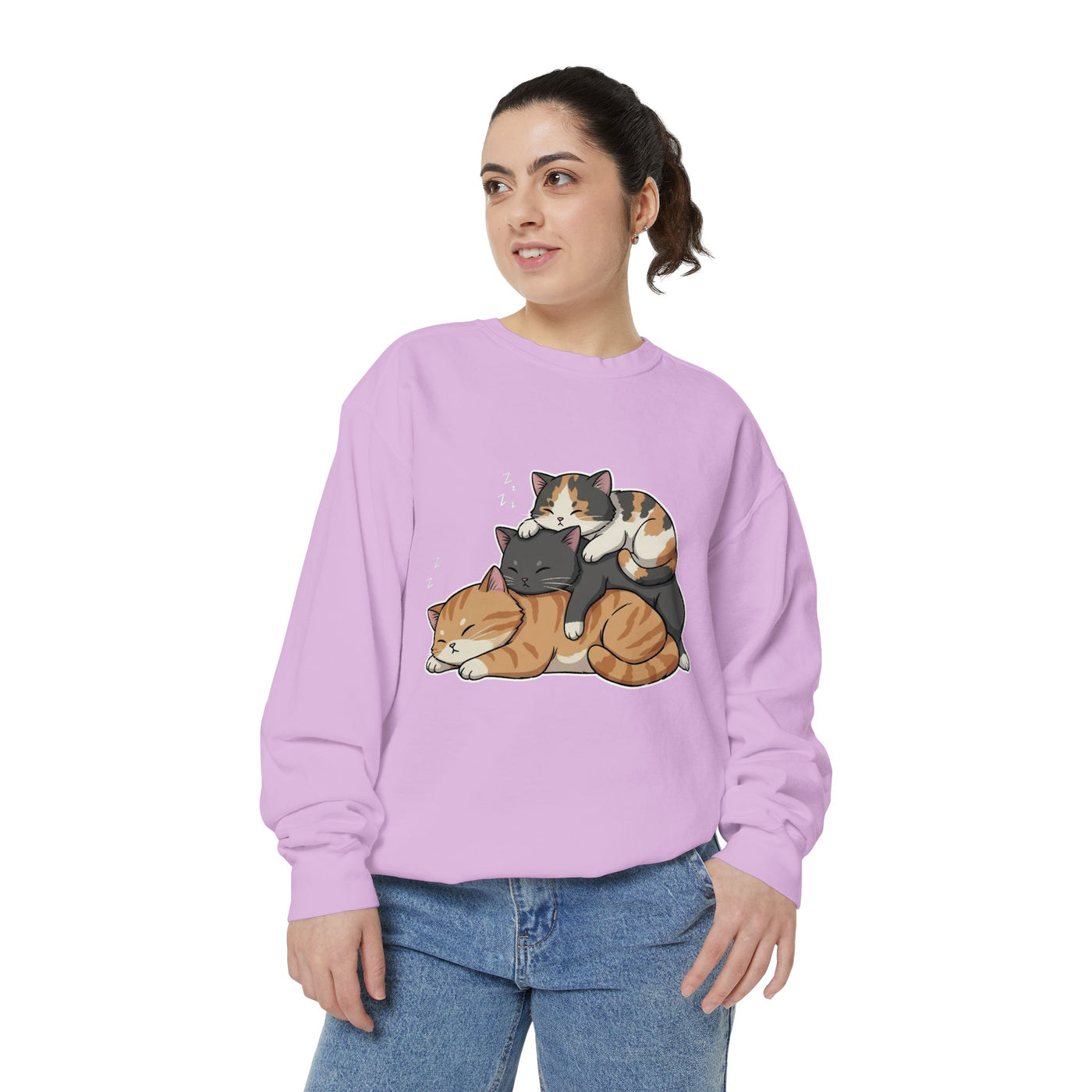 3 Cute Sleeping Cats style 7 Cozy Graphic Unisex Crewneck Sweatshirt