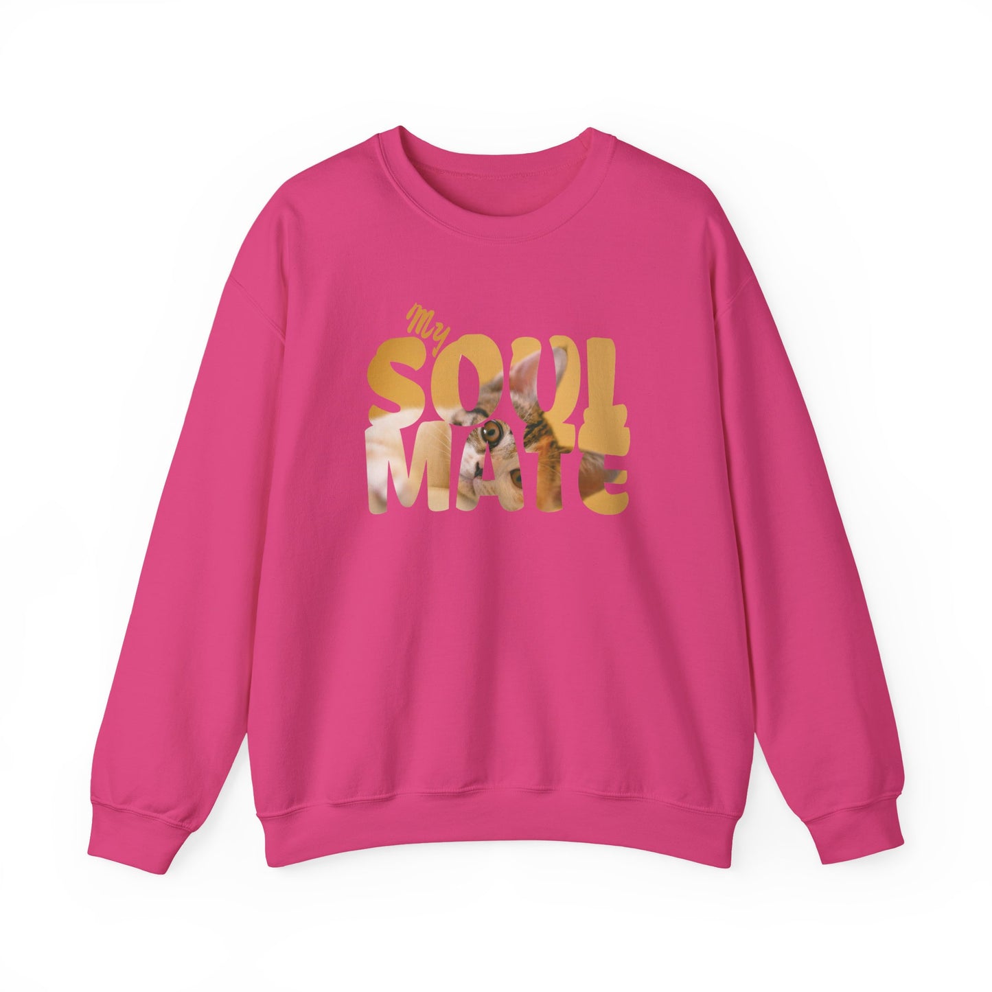Cat My Soulmate Unisex Crewneck Sweatshirt in pink featuring warm lettering and floral design.