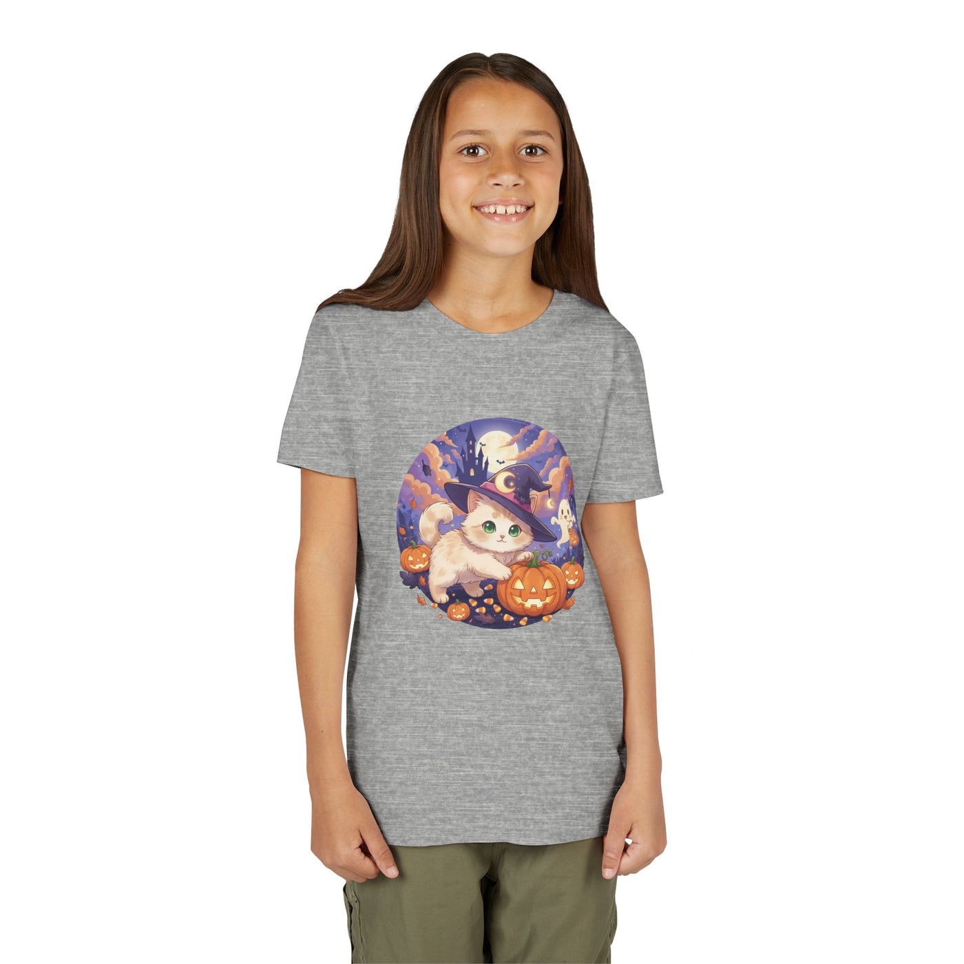 Halloween cute kitten anime style 5 Unisex Youth Tee | T-Shirt, Cute Pumpkin Shirt, Kids Halloween Outfit, Cat Lover Gift, Fun Fall Apparel