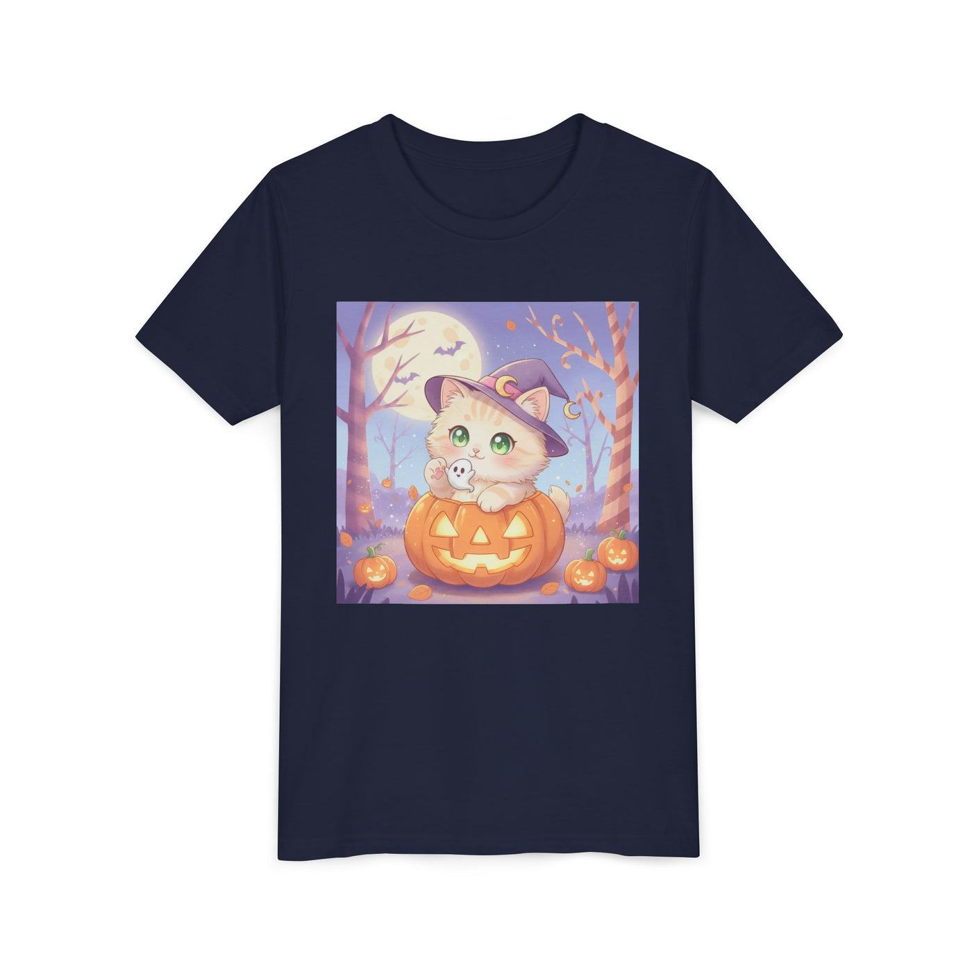 Halloween cute kitten anime style 1 Unisex Youth Tee | T-Shirt, Cute Pumpkin Shirt, Kids Halloween Outfit, Cat Lover Gift, Fun Fall Apparel