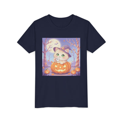 Halloween cute kitten anime style 1 Unisex Youth Tee | T-Shirt, Cute Pumpkin Shirt, Kids Halloween Outfit, Cat Lover Gift, Fun Fall Apparel