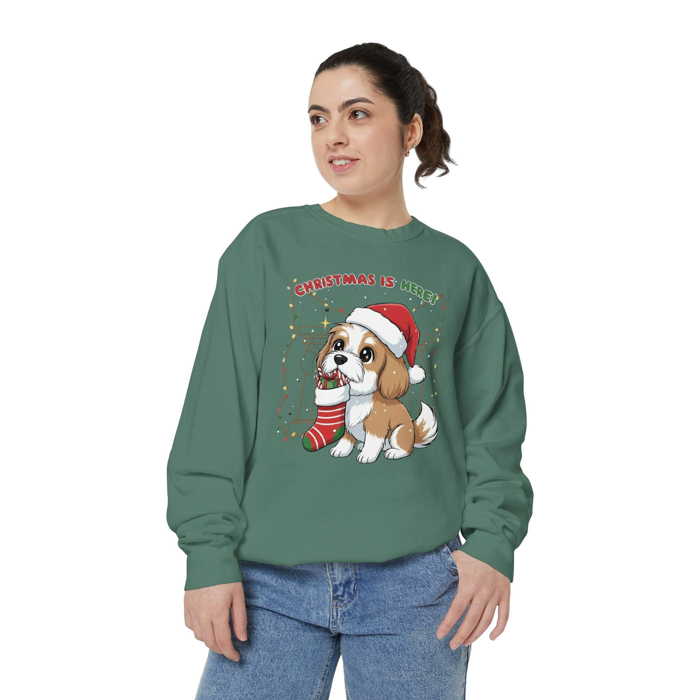 Cute Puppy waiting for Christmas presents style 5 Cozy Graphic Unisex Crewneck Sweatshirt