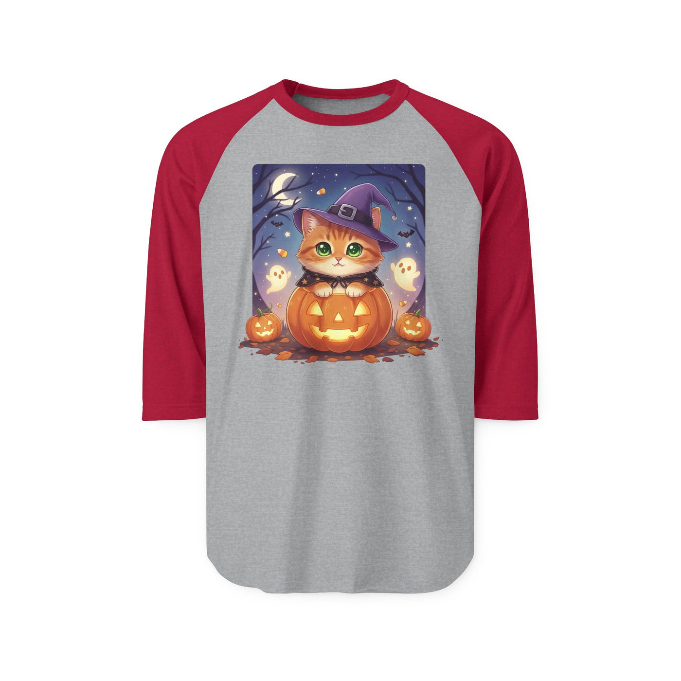 Halloween cute kitten anime style 7 Raglan Shirt, Unisex Halloween Top, Pumpkin Cat Shirt, Cute Cat Tee, Spooky Casual Wear