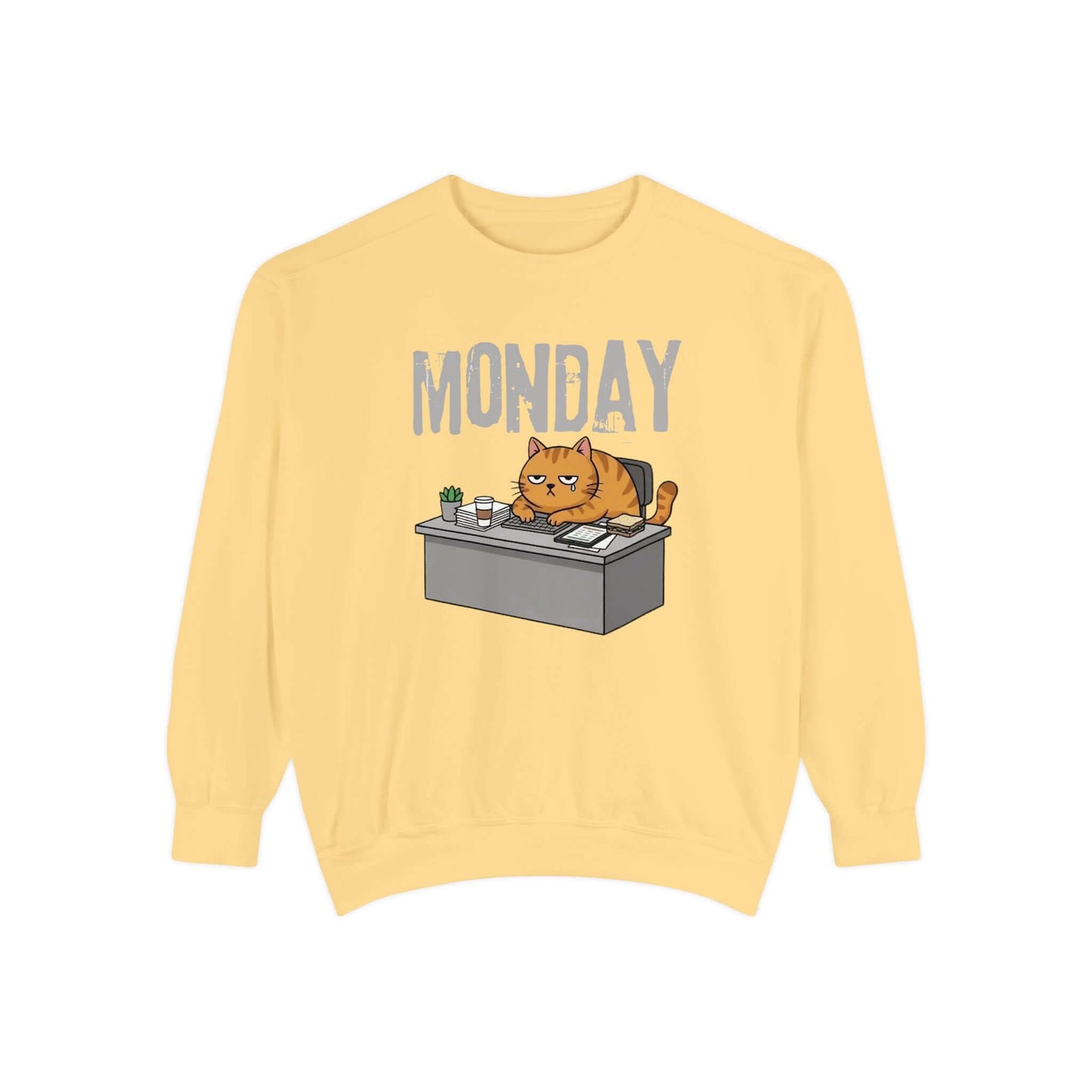 Monday Face Cat Stares Blankly Unisex Crewneck Sweatshirt featuring a cat at a desk with a "MONDAY" banner.