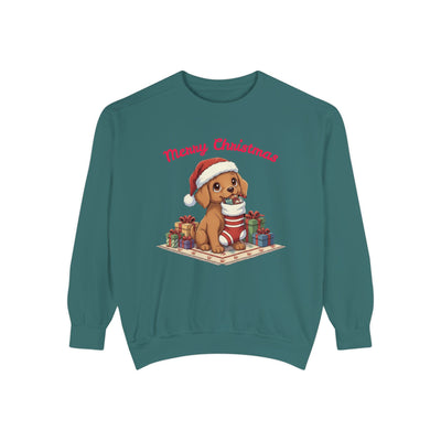 Cute Puppy waiting for Christmas presents style 2 Cozy Graphic Unisex Crewneck Sweatshirt