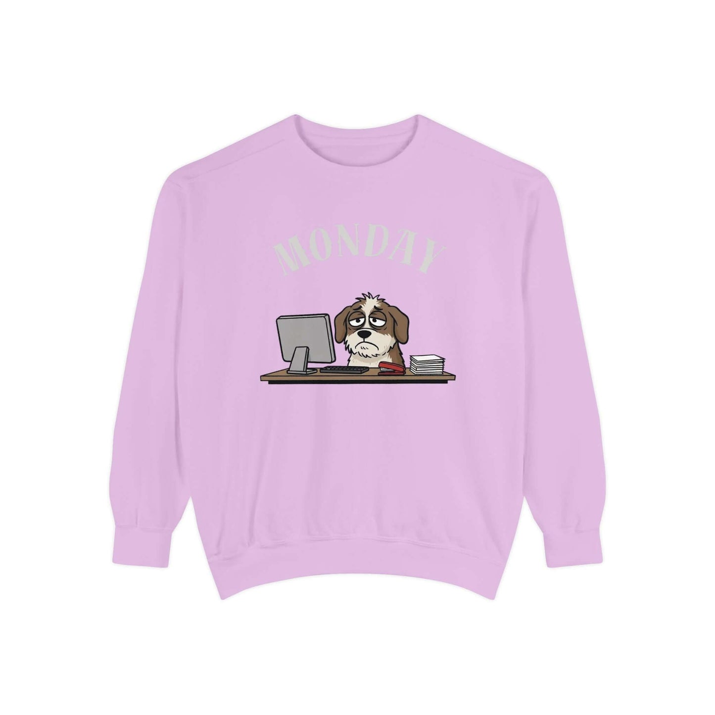 Monday Face Dog Stares Blankly Unisex Crewneck Sweatshirt on pastel pink background with dog at desk.