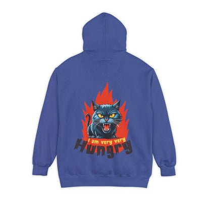 I am very very Hungry - Cartoon Cat Unisex Pullover Hoodie featuring a snarling black cat and flames design.