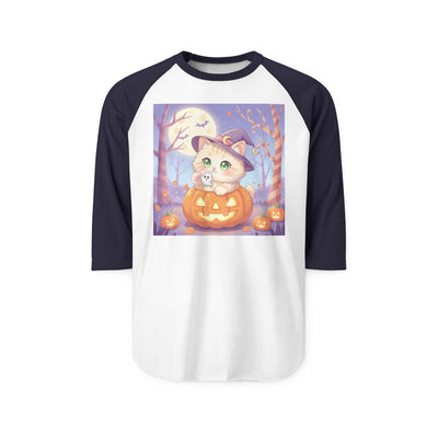 Halloween cute kitten anime style 1 Raglan Shirt, Unisex Halloween Top, Pumpkin Cat Shirt, Cute Cat Tee, Spooky Casual Wear