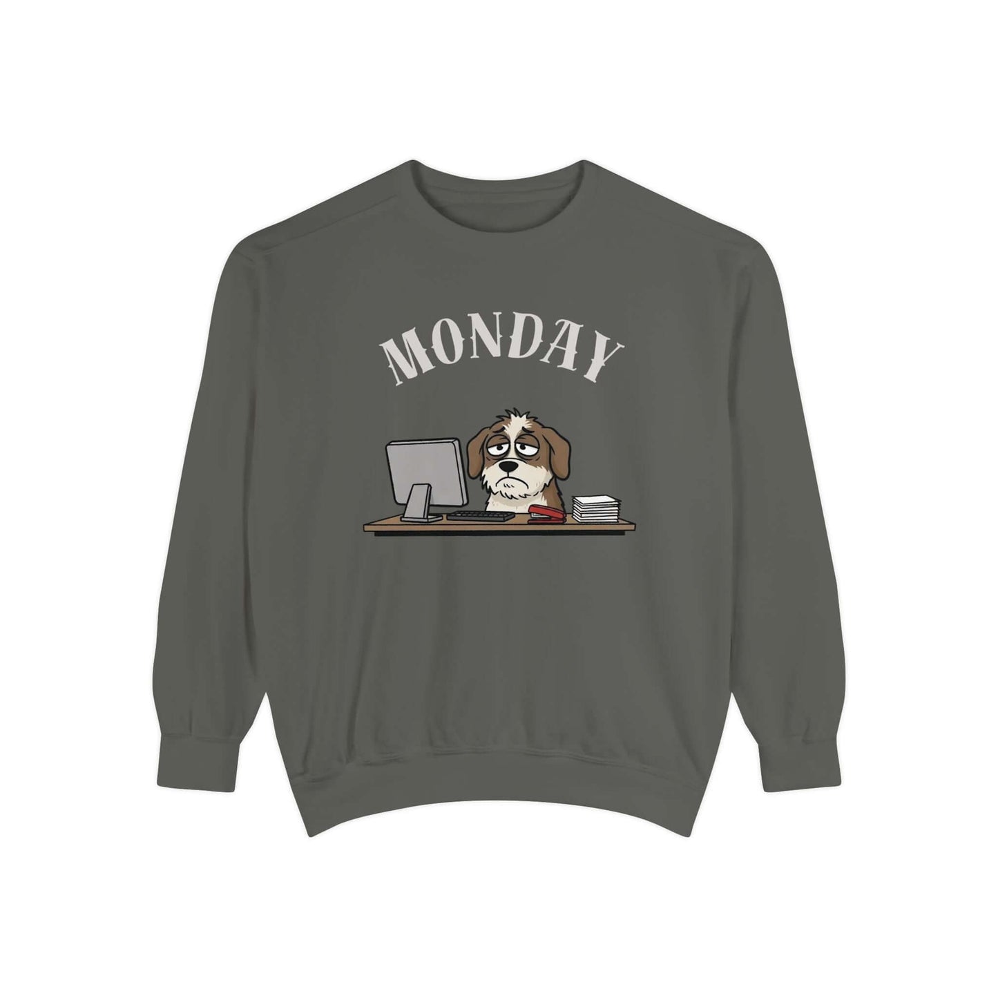 Monday Face Dog Stares Blankly Unisex Crewneck Sweatshirt featuring a dog at a desk with a "MONDAY" banner.