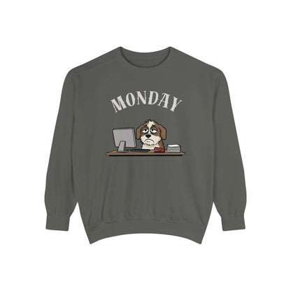 Monday Face Dog Stares Blankly Unisex Crewneck Sweatshirt featuring a dog at a desk with a "MONDAY" banner.
