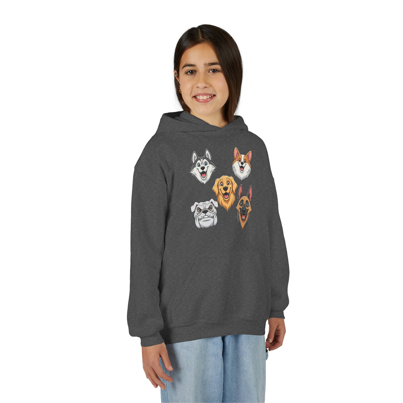 Cute Dog Heads Unisex Youth Hoodie, Fun Pet Lover Sweater, Kids Gift, Animal Lover Apparel, Perfect for Birthdays & Holidays