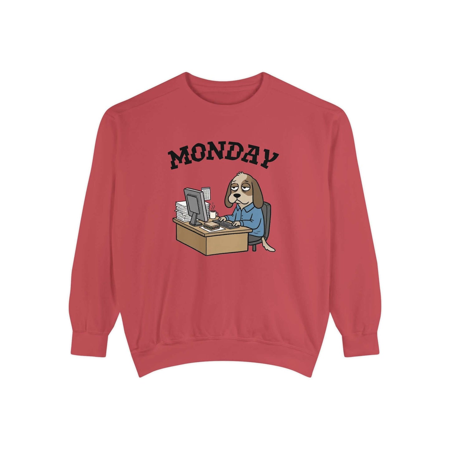 Monday Face Dog Stares Blankly Unisex Crewneck Sweatshirt featuring a cartoon dog at a desk with 'MONDAY' above.