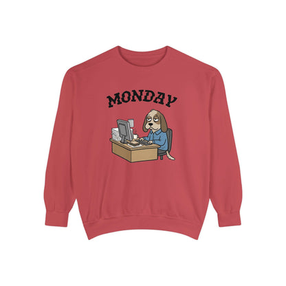 Monday Face Dog Stares Blankly Unisex Crewneck Sweatshirt featuring a cartoon dog at a desk with 'MONDAY' above.