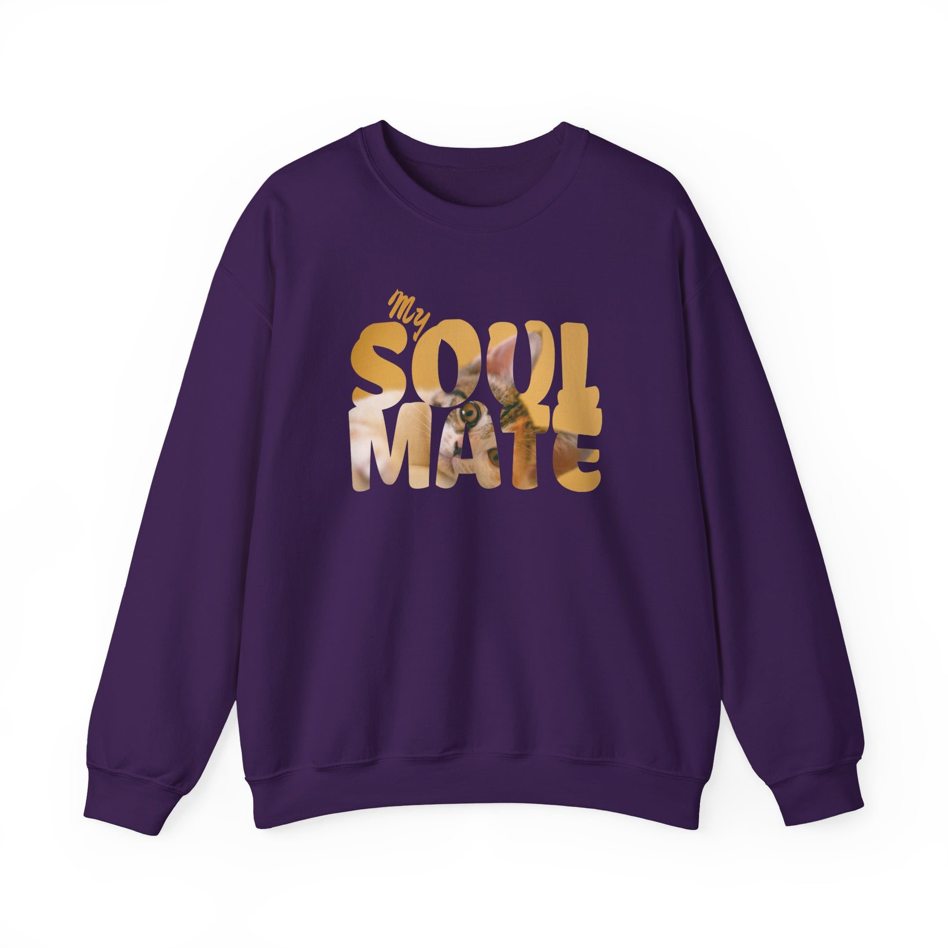 Cat My Soulmate Unisex Crewneck Sweatshirt with warm lettering on a dark purple background.