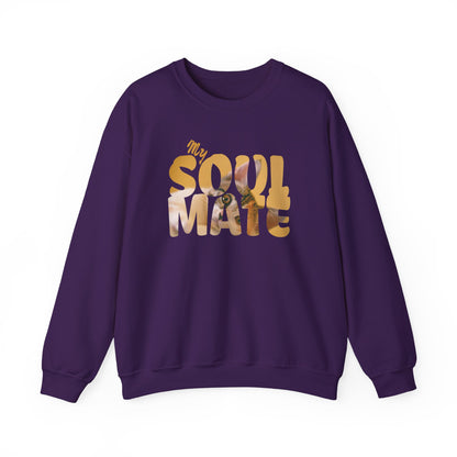 Cat My Soulmate Unisex Crewneck Sweatshirt with warm lettering on a dark purple background.