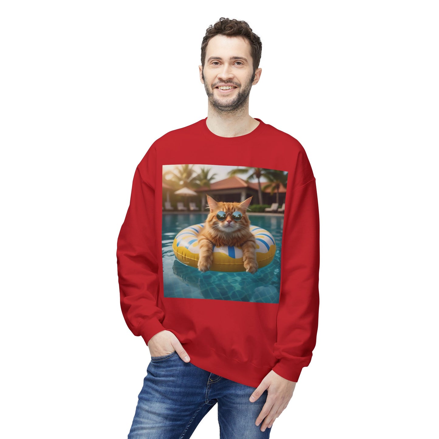 Swimming Pool Vibes Graphic Cat Unisex Crewneck Sweatshirt