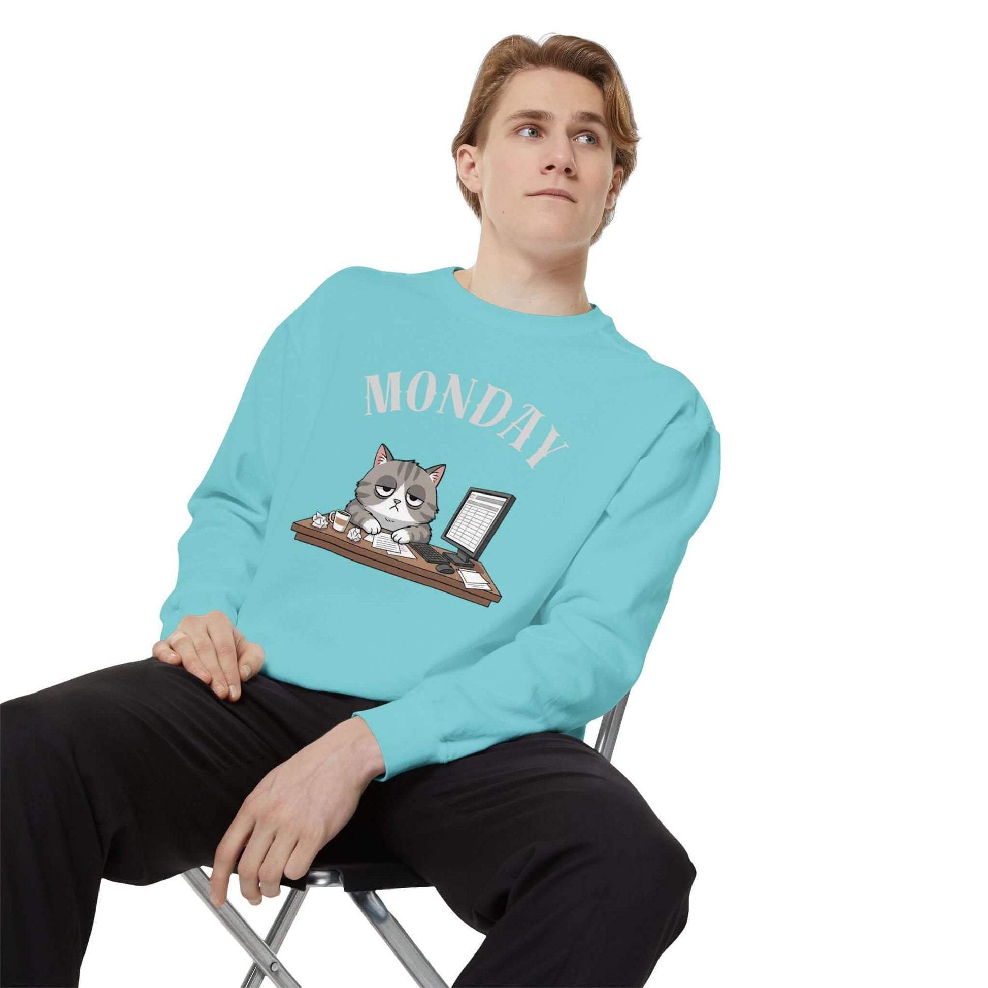 Monday Face Cat Stares Blankly Unisex Crewneck Sweatshirt featuring a cat and a computer, perfect for relaxed mornings.