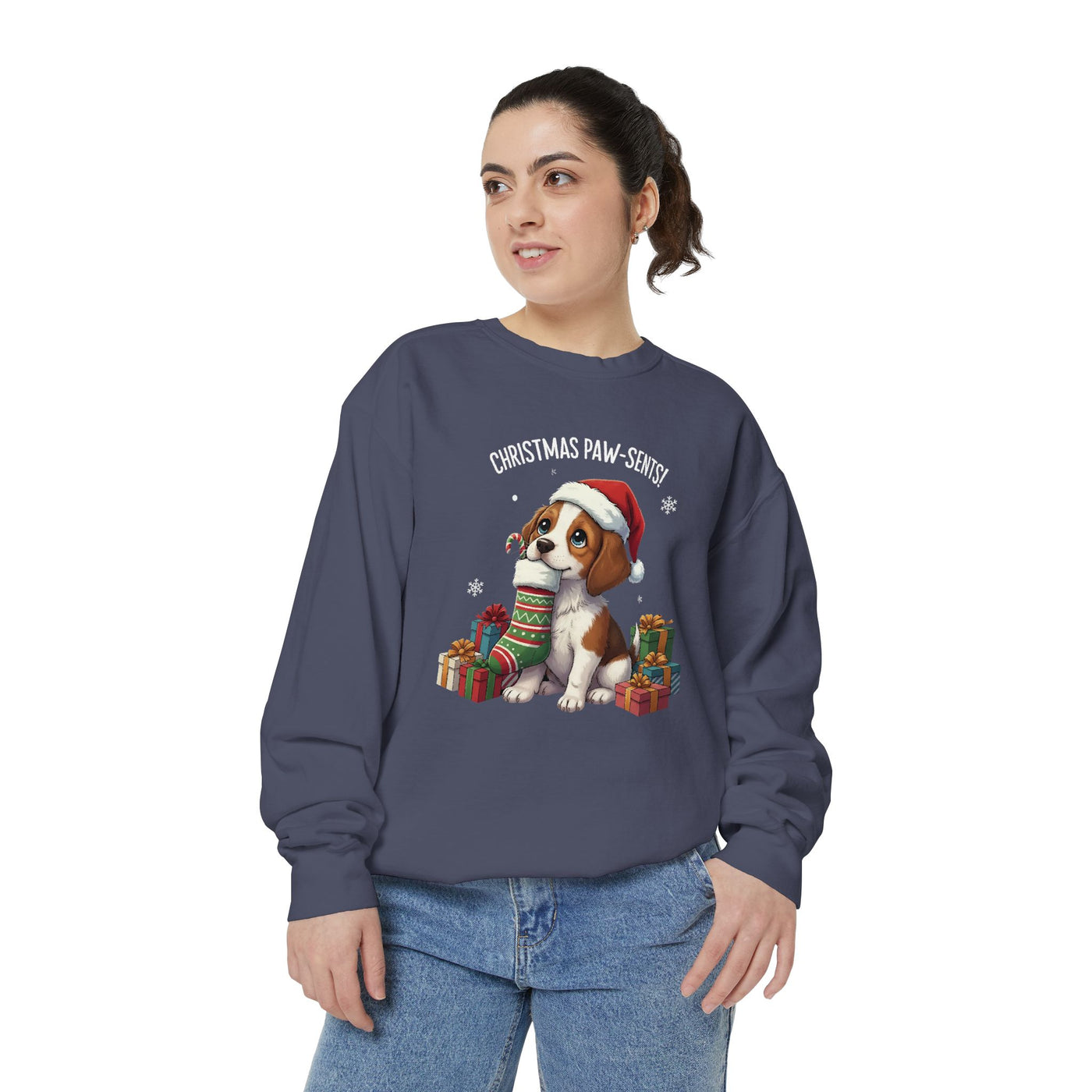 Cute Puppy waiting for Christmas presents style 3 Cozy Graphic Unisex Crewneck Sweatshirt