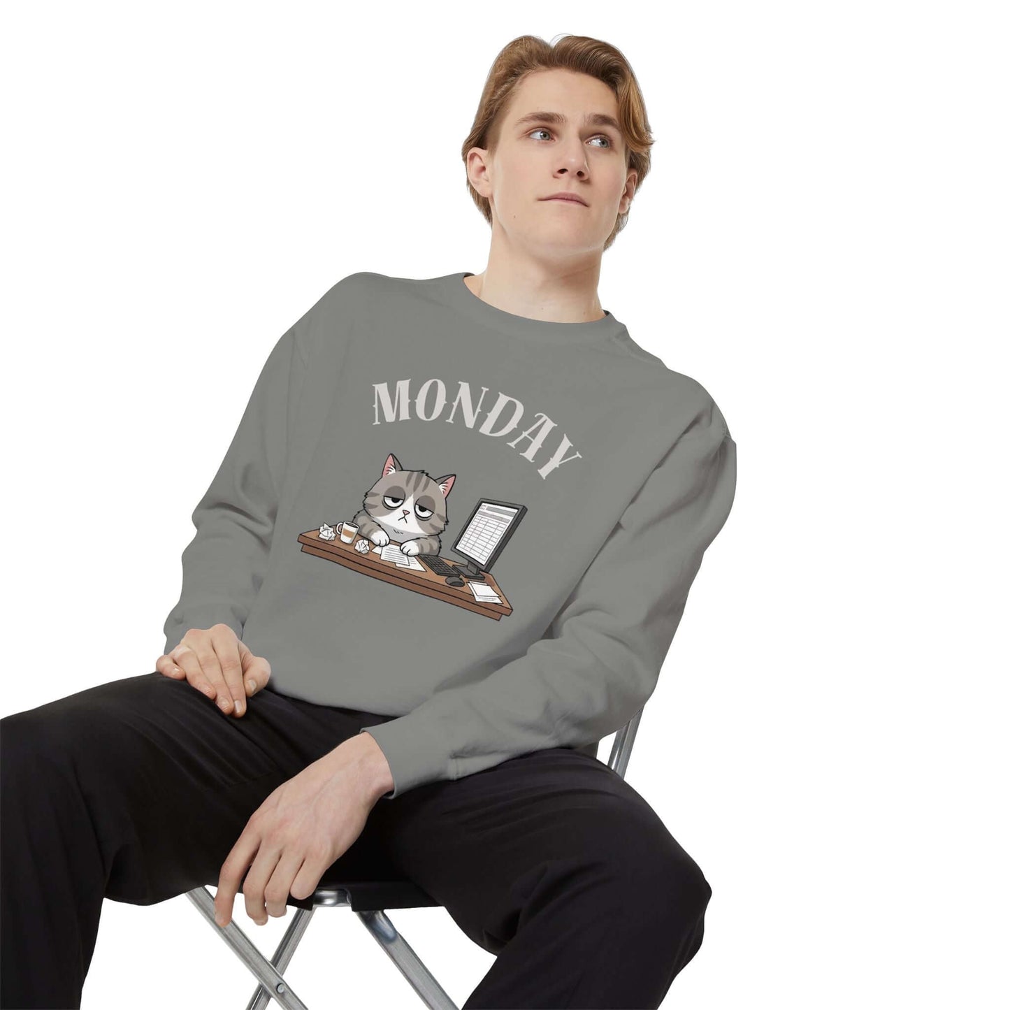 Monday Face Cat Stares Blankly Unisex Crewneck Sweatshirt, soft relaxed-fit design featuring a grumpy cat under 'MONDAY' banner.