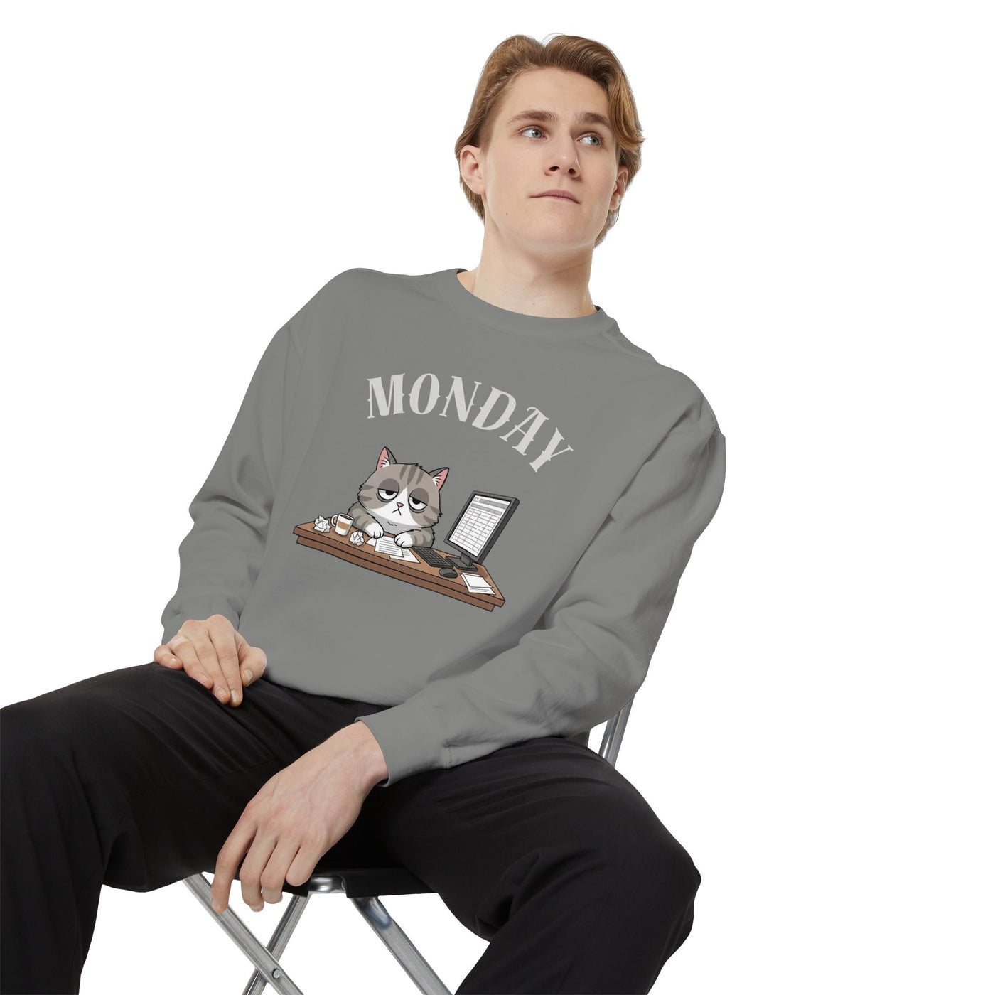 Monday Face Cat Stares Blankly Unisex Crewneck Sweatshirt style 5