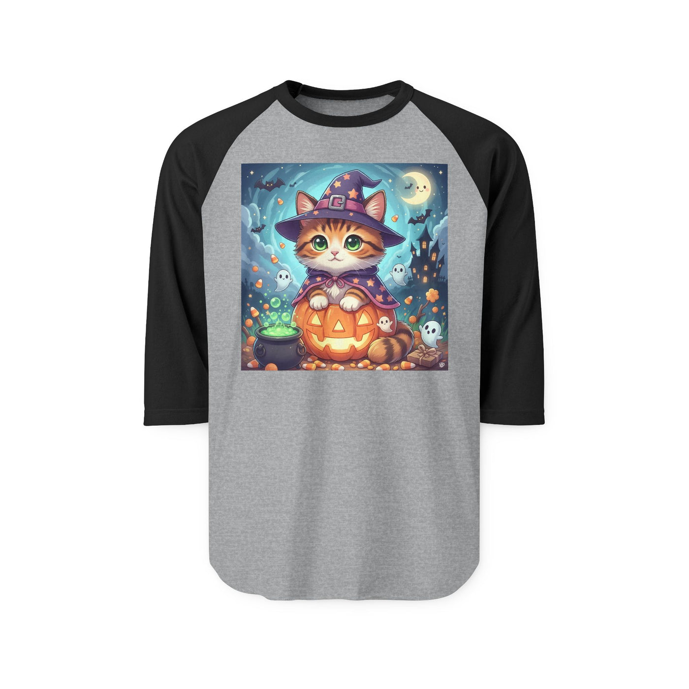 Halloween cute kitten anime style 2 Raglan Shirt, Unisex Halloween Top, Pumpkin Cat Shirt, Cute Cat Tee, Spooky Casual Wear