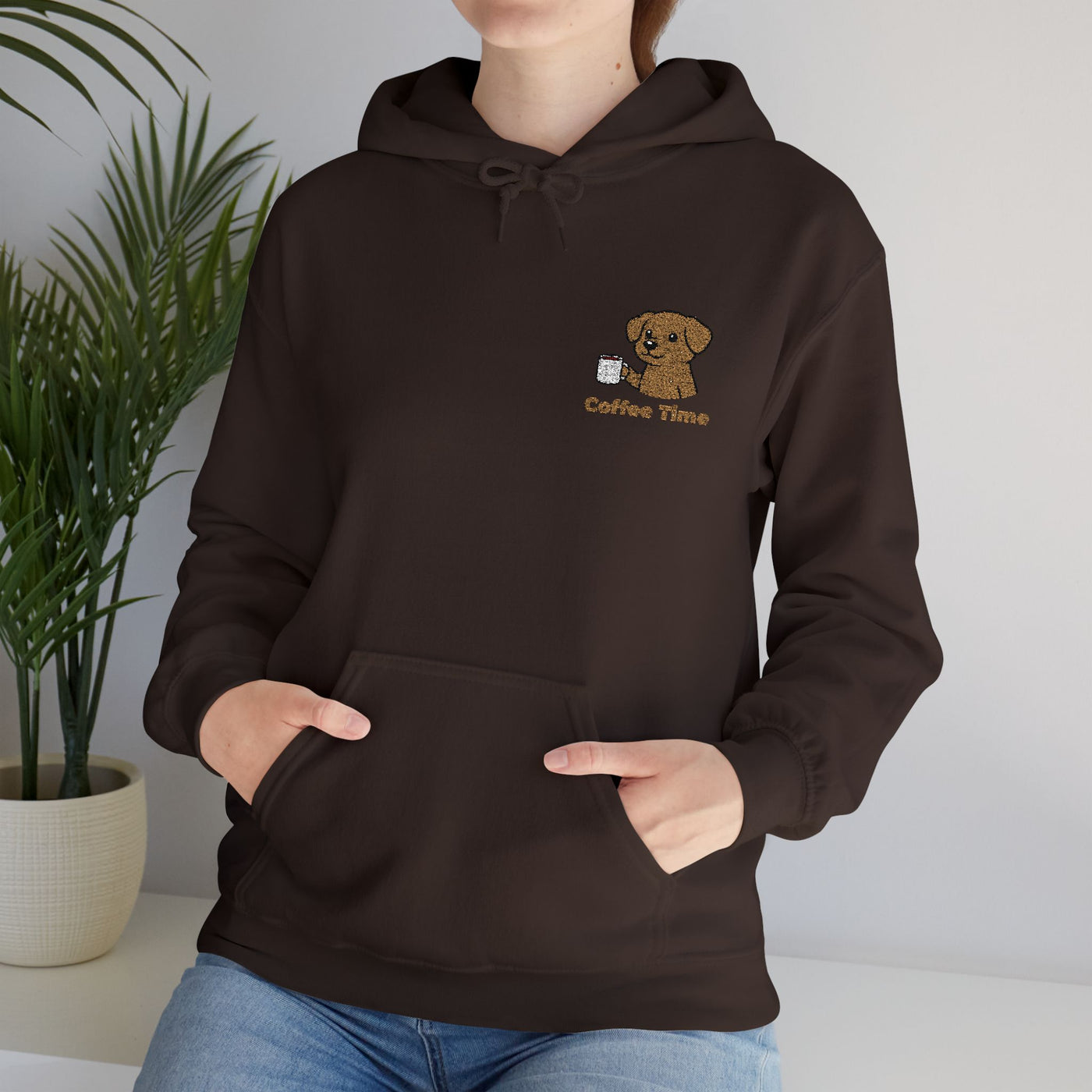 Coffee Time Dog Embroidered style 2 Unisex Pullover Hoodie