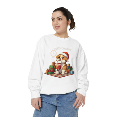 Cute Puppy waiting for Christmas presents style 1 Cozy Graphic Unisex Crewneck Sweatshirt