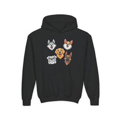 Cute Dog Heads Unisex Youth Hoodie, Fun Pet Lover Sweater, Kids Gift, Animal Lover Apparel, Perfect for Birthdays & Holidays