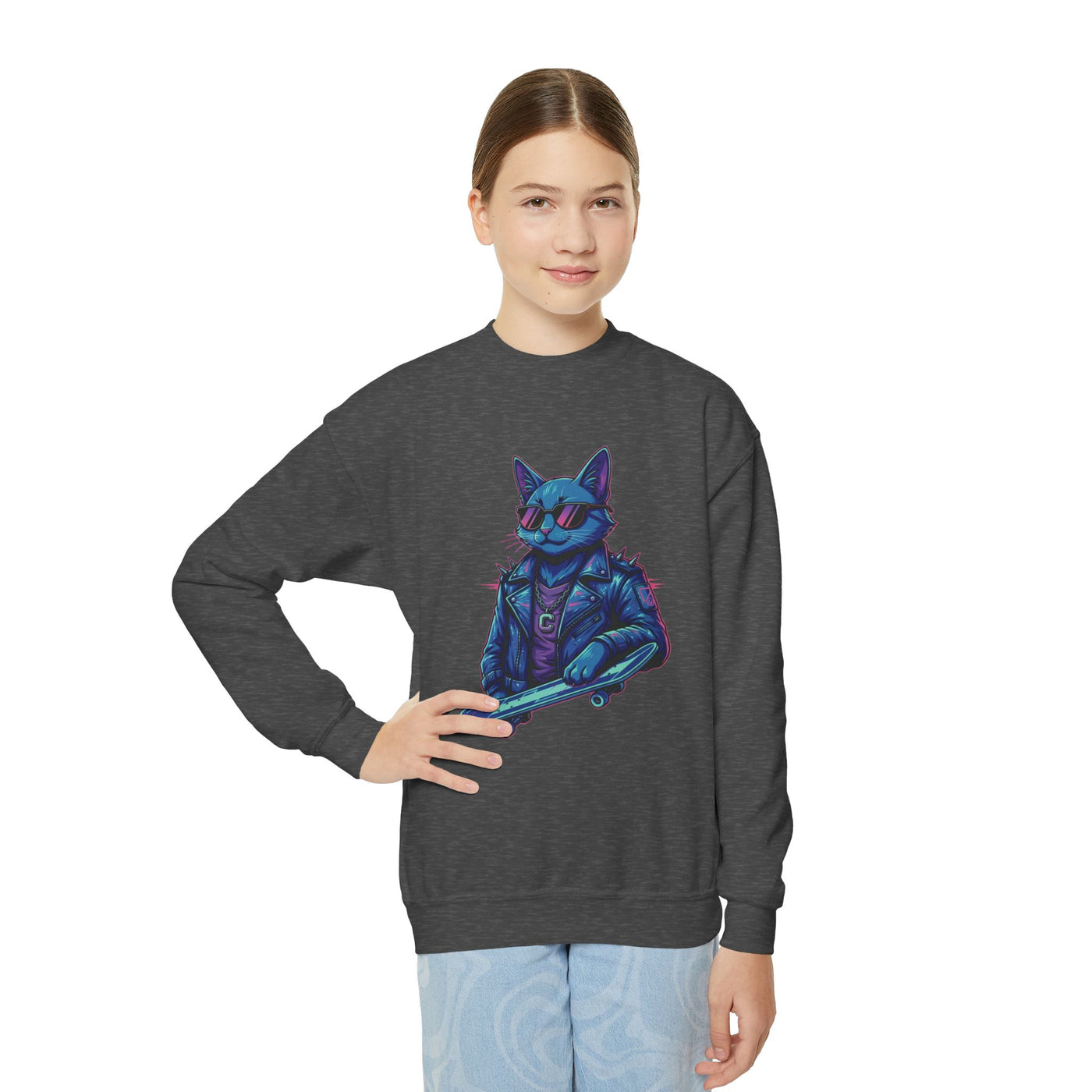 Cool Cat style 2 Youth Crewneck Sweatshirt - Cozy & Cute