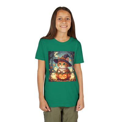 Halloween cute kitten anime style 3 Unisex Youth Tee | T-Shirt, Cute Pumpkin Shirt, Kids Halloween Outfit, Cat Lover Gift, Fun Fall Apparel