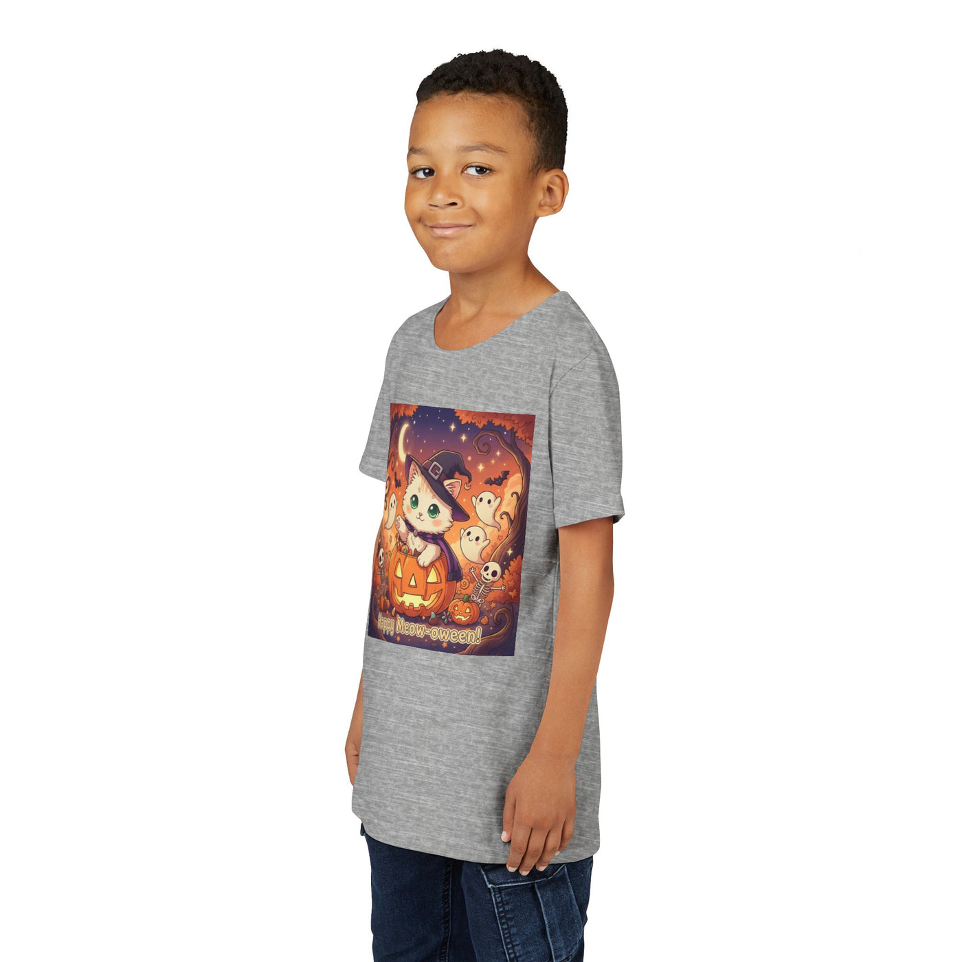 Halloween cute kitten anime style 6 Unisex Youth Tee | T-Shirt, Cute Pumpkin Shirt, Kids Halloween Outfit, Cat Lover Gift, Fun Fall Apparel