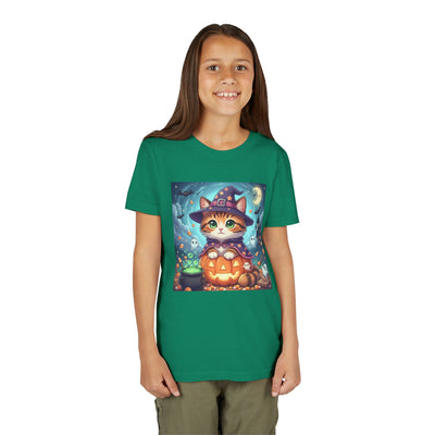Halloween cute kitten anime style 2 Unisex Youth Tee | T-Shirt, Cute Pumpkin Shirt, Kids Halloween Outfit, Cat Lover Gift, Fun Fall Apparel