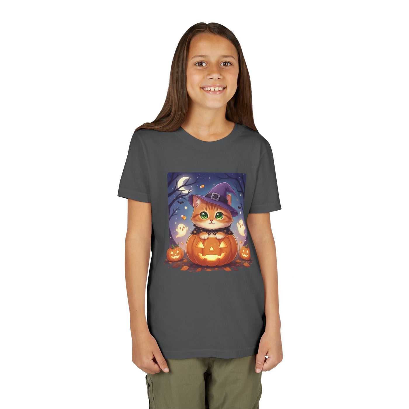 Halloween cute kitten anime style 7 Unisex Youth Tee | T-Shirt, Cute Pumpkin Shirt, Kids Halloween Outfit, Cat Lover Gift, Fun Fall Apparel