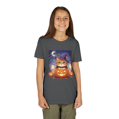 Halloween cute kitten anime style 7 Unisex Youth Tee | T-Shirt, Cute Pumpkin Shirt, Kids Halloween Outfit, Cat Lover Gift, Fun Fall Apparel