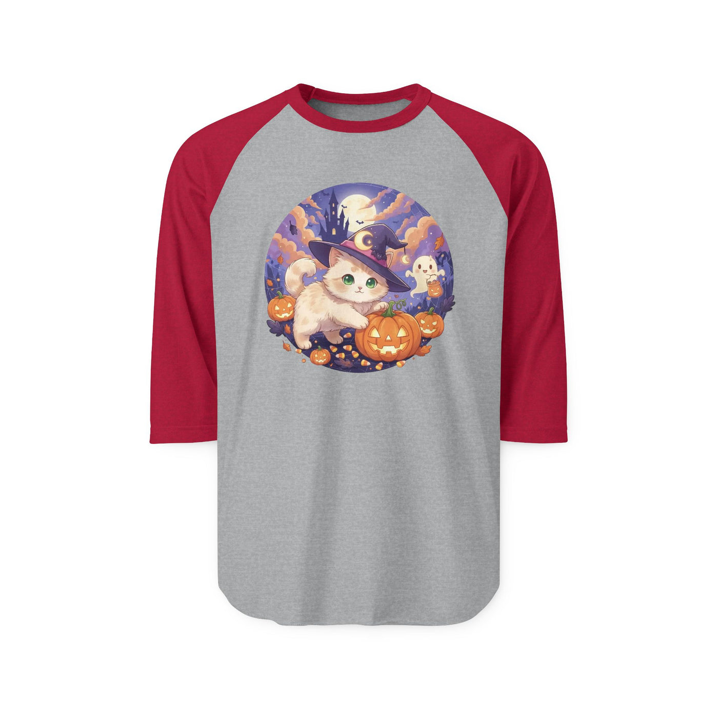 Halloween cute kitten anime style 5 Raglan Shirt, Unisex Halloween Top, Pumpkin Cat Shirt, Cute Cat Tee, Spooky Casual Wear