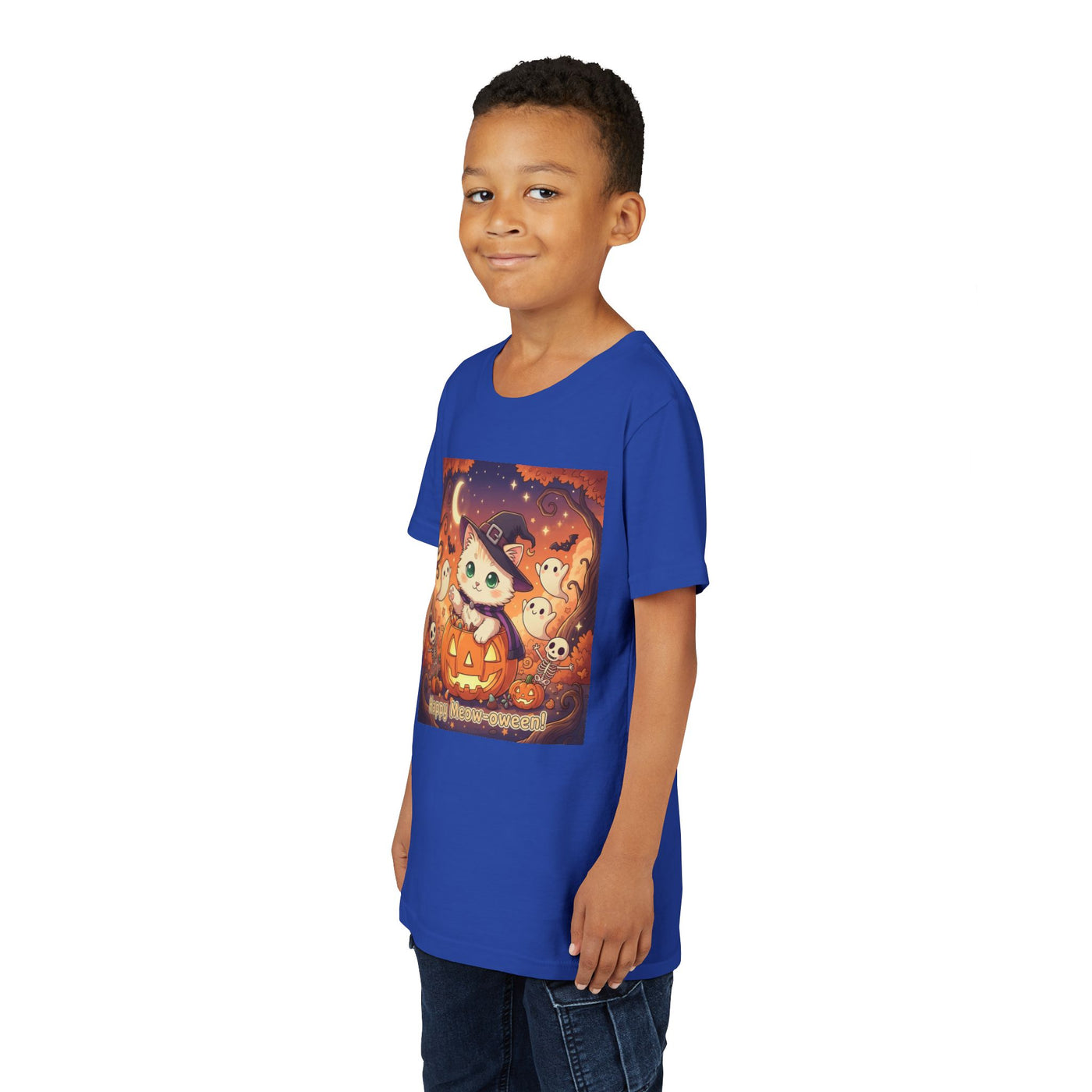 Halloween cute kitten anime style 6 Unisex Youth Tee | T-Shirt, Cute Pumpkin Shirt, Kids Halloween Outfit, Cat Lover Gift, Fun Fall Apparel