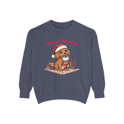 Cute Puppy waiting for Christmas presents style 2 Cozy Graphic Unisex Crewneck Sweatshirt