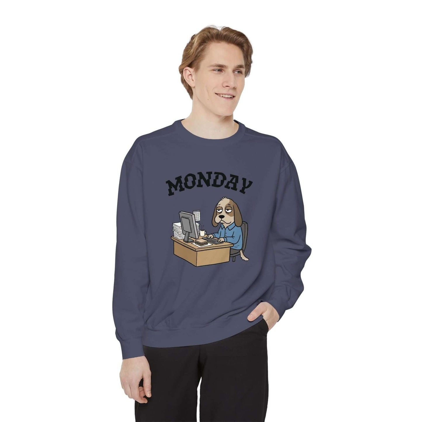 Monday Face Dog Stares Blankly Unisex Crewneck Sweatshirt features a cartoon dog at a desk under a 'MONDAY' banner.
