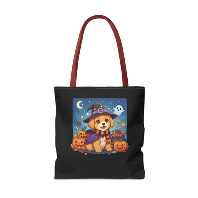 Adorable Halloween Puppy anime style Tote Bag, Pumpkin Lover Gift, Cute Dog Design, Witch Theme, Eco-Friendly Shopping Bag