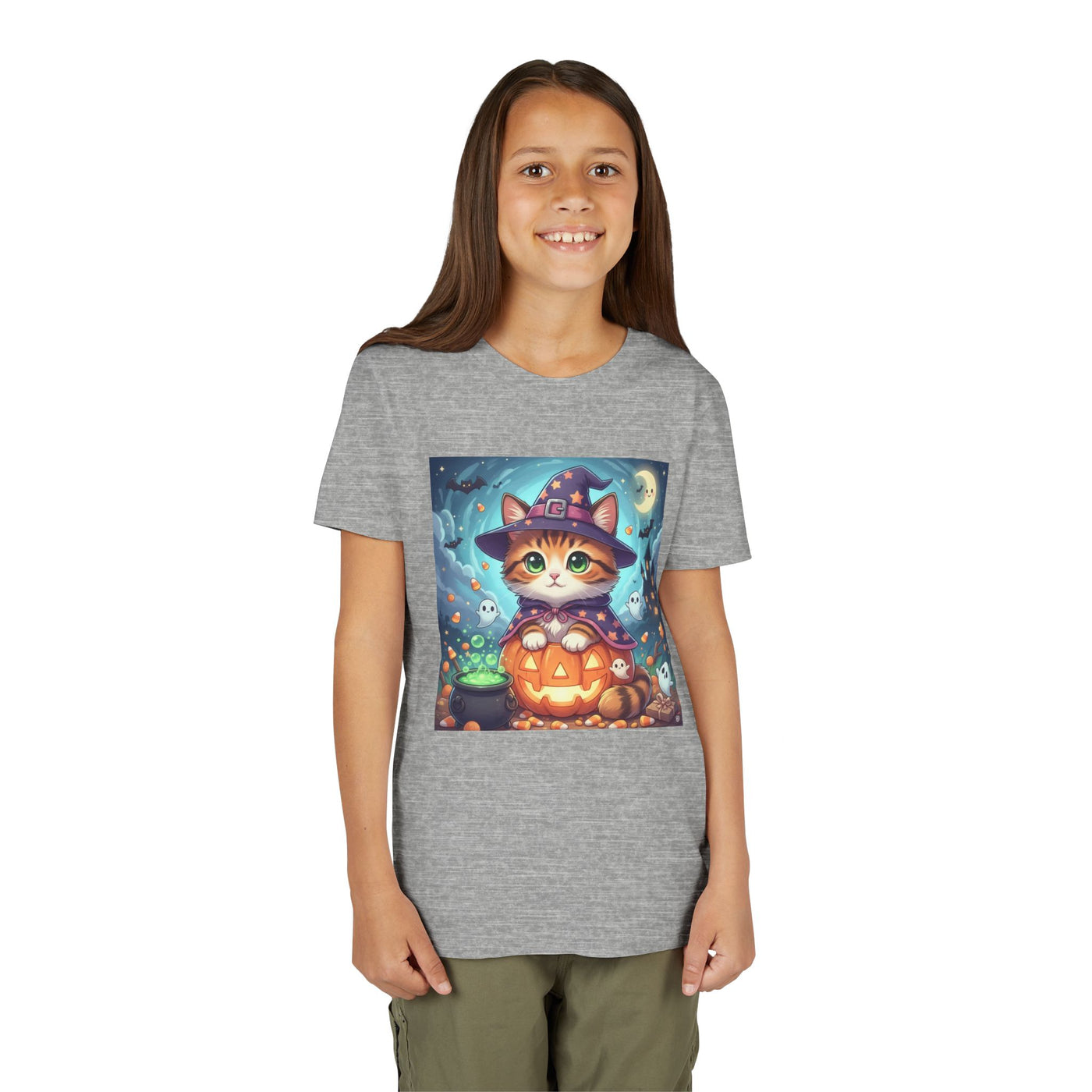 Halloween cute kitten anime style 2 Unisex Youth Tee | T-Shirt, Cute Pumpkin Shirt, Kids Halloween Outfit, Cat Lover Gift, Fun Fall Apparel