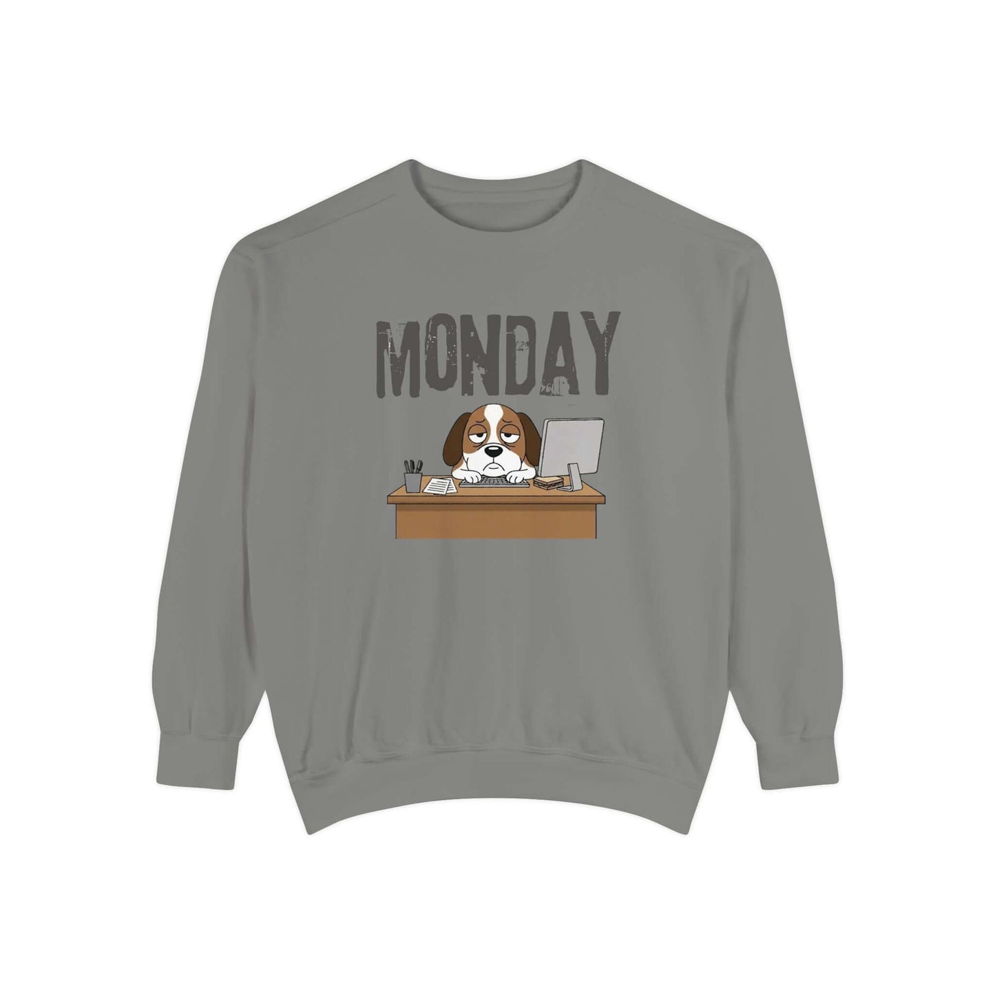 Monday Face Dog Stares Blankly Unisex Crewneck Sweatshirt featuring a dog at a desk under "MONDAY" text.