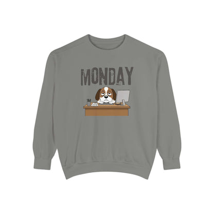 Monday Face Dog Stares Blankly Unisex Crewneck Sweatshirt featuring a dog at a desk under "MONDAY" text.
