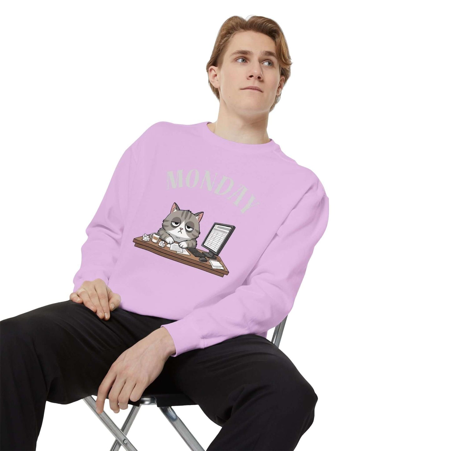 Monday Face Cat Stares Blankly Unisex Crewneck Sweatshirt modeled by a man sitting on a chair.